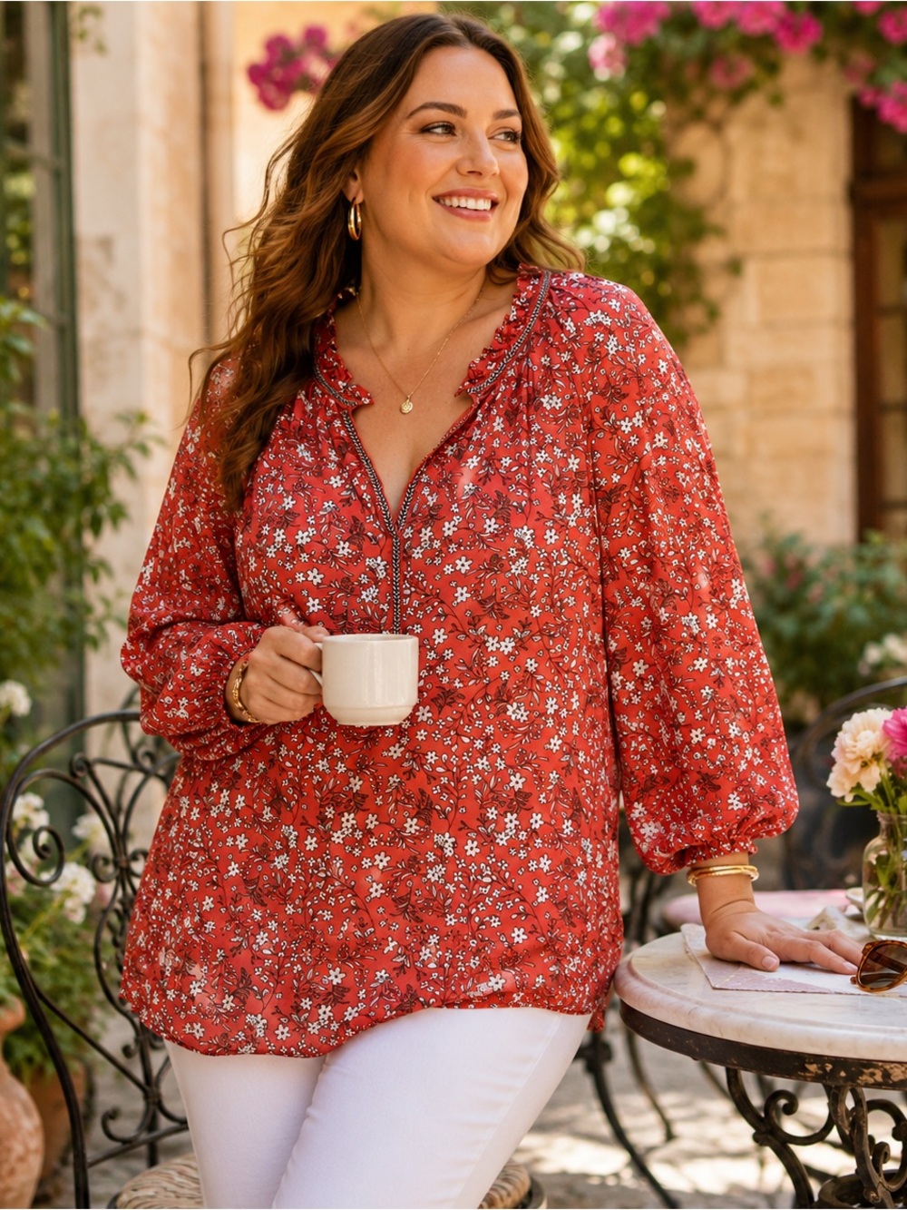 Max Studio 1X Coral Floral Peasant Blouse | Ruffle Split Neck Boho Top Plus Size - Picture 2 of 16